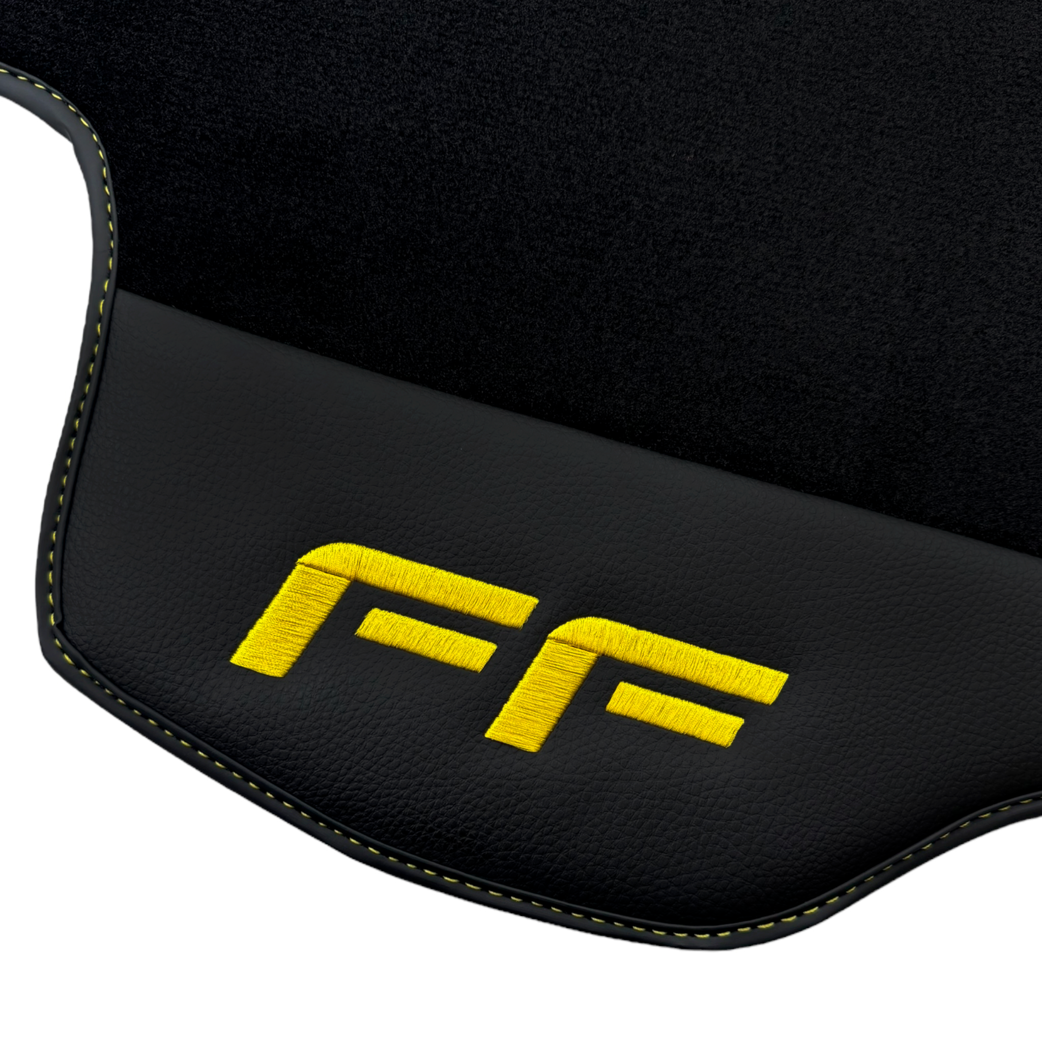 Black Floor Mats for Ferrari FF (2011-2016) with Leather Border | Yellow Edition