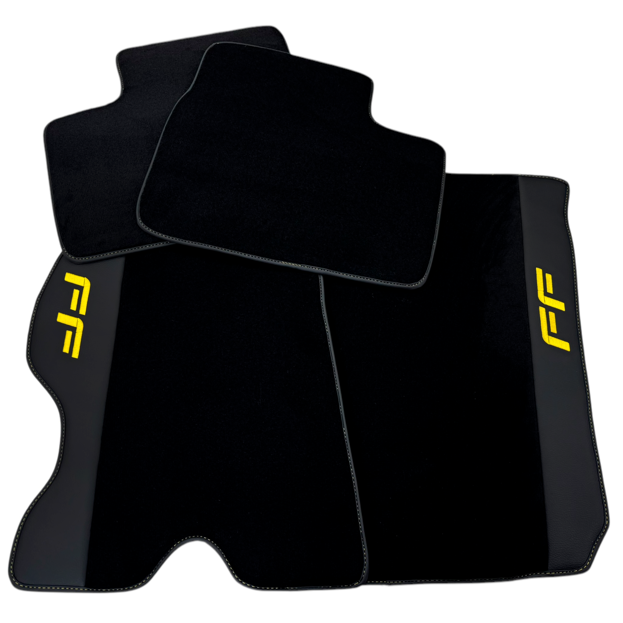 Black Floor Mats for Ferrari FF (2011-2016) with Leather Border | Yellow Edition