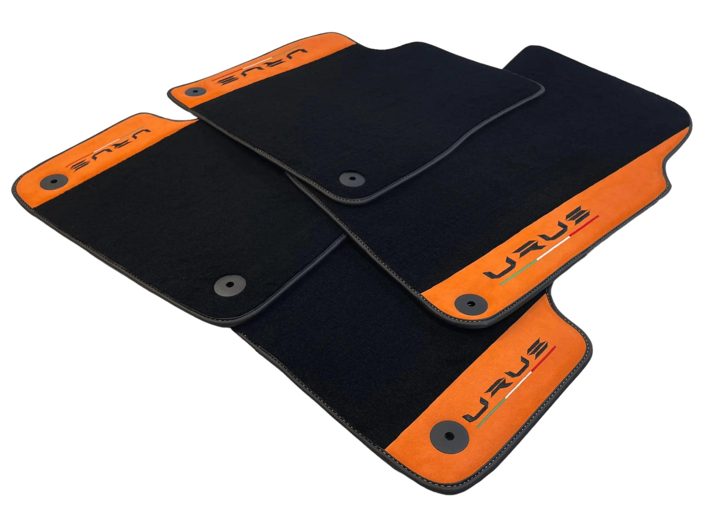 Black Floor Mats For Lamborghini Urus With Orange Alcantara Leather - AutoWin