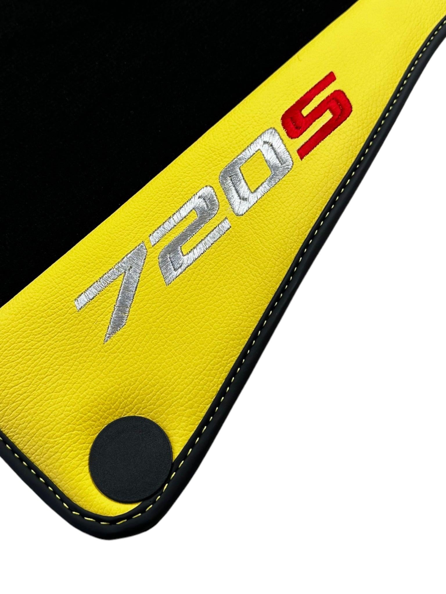 Black Floor Mats For McLaren 720S Year 2017-2021 With Yellow Leather - AutoWin
